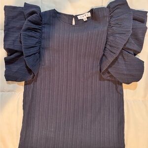 THML Navy Ruffle Sleeve Textured Blouse